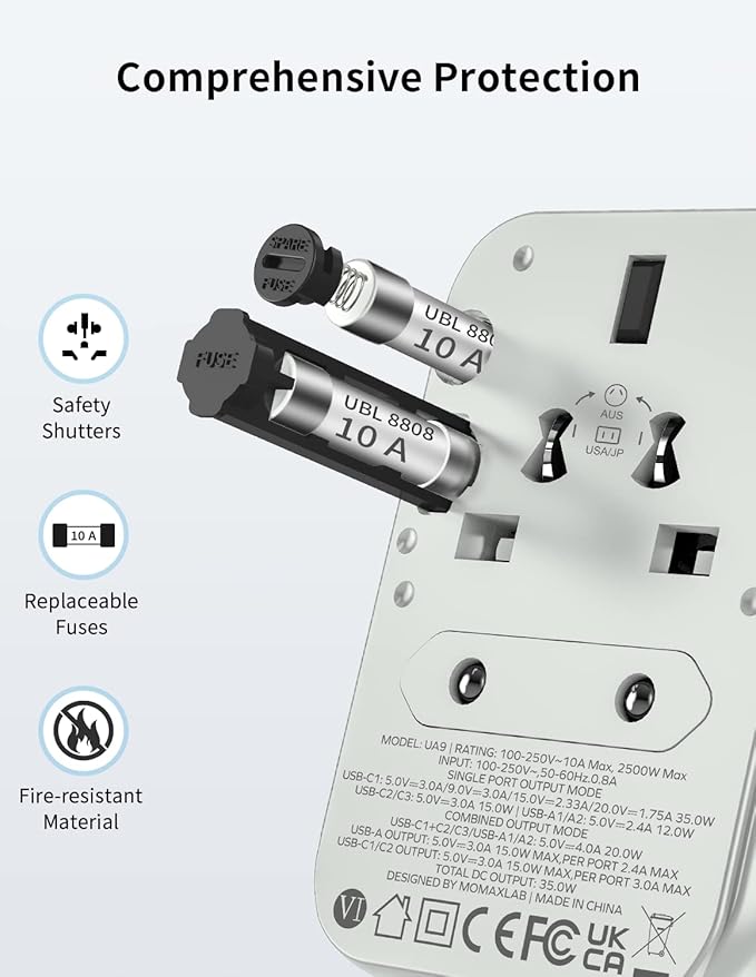 MOMAX European Travel Plug Adapter, 35W PD Fast Charging, Universal Travel Adapter with 3 USB-C and 2 USB-A Ports, International Power Adapter for Most Europe, USA, Japan, Australia (Type C/A/G/I)