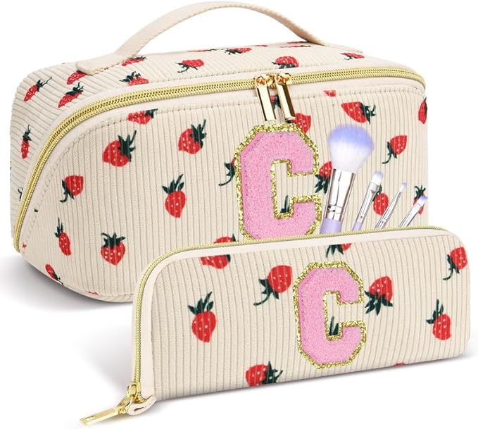 Personalized Travel Makeup Bag Set,Initial Travel Strawberry Makeup Organizer Bag,Toiletry Skincare Cosmetic Bag,Christmas Gifts for Women/Girls,Open Flat Toiletry Pouch with Brush Pocket-C