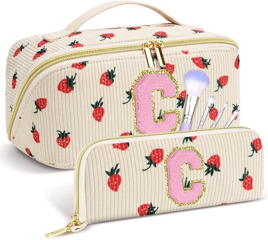 Personalized Travel Makeup Bag Set,Initial Travel Strawberry Makeup Organizer Bag,Toiletry Skincare Cosmetic Bag,Christmas Gifts for Women/Girls,Open Flat Toiletry Pouch with Brush Pocket-C