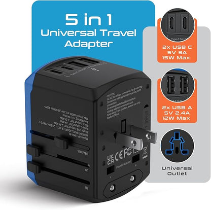 Ceptics Universal Travel Adapter, 5 in 1 Universal Laptop Charger with 2X USB-A & USB-C 3.5A for Mobiles, Laptops, Cameras US, UK, EU, AU, All in 1 Type A, C, G, I Output,