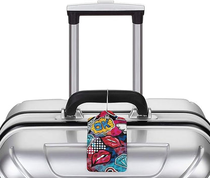 2 Pack Funny Luggage Tags with Red Lips Pattern for Suitcases, Colorful PU Leather Luggage Tag Accessories Privacy Cover ID Label with Stainless Steel Loop for Travel Bag for Women Girls Teens