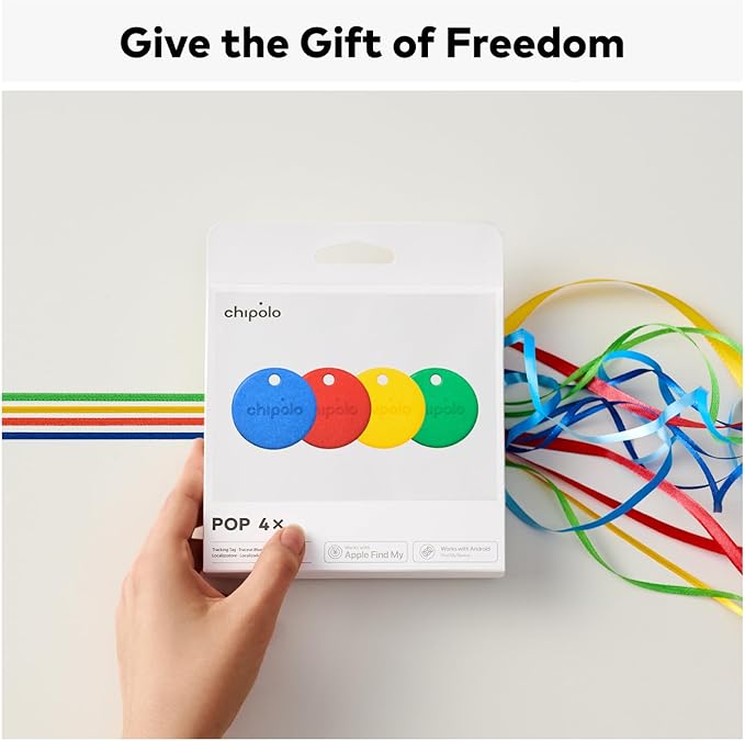 Chipolo POP Tracker Tag - Colorful, Compatible, Loud Bluetooth Tracker with Call Your Phone & Out of Range Alert, Works with Apple Find My or Google's Find My Device - 4 Pack (Color Mix)