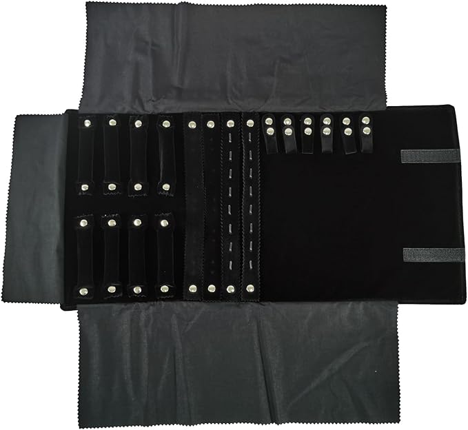 Velvet Travel Jewelry Case Roll Bag Organizer for Necklace Bracelet Earrings Ring (Black) (Black(4+2+2+6))