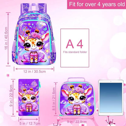 WZLVO 3PCS Kids Backpack for Girls, Unicorn Dinosaur Animal Prechool Elementary Kindergarten School Bookbag with Lunch Box