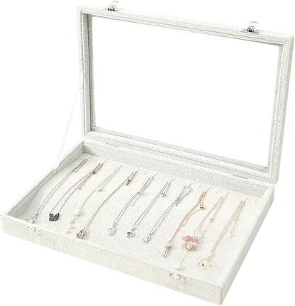 Coward 20 Hooks Necklace Organizer Jewelry Box, Grey Beige Velvet Necklace Display Tray Case with Transparent Glass Lid for Home Use or Store Selling Show