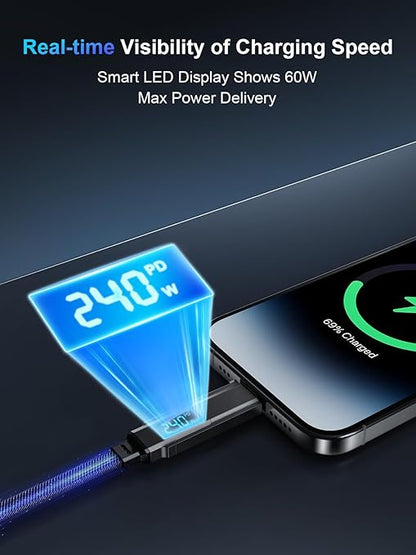 4 in 1 Charging Cable 3FT,240W USB C to USB C Cable Fast Charging Flat Braided iPhone Charger Cord Combo USB A/C to C/L with LED Display, Type C Charging Cord for iPhone 16/15,MacBook,iPad