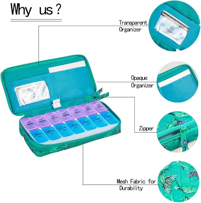 Weekly 7 Day Pill Organizer Case 2 Times a Day (AM/PM), Large Portable Pill Box 7 Day for Vitamin Medicine, Pill Case with Quilted Fabric Zipper Cute Bag for Travel or Daily