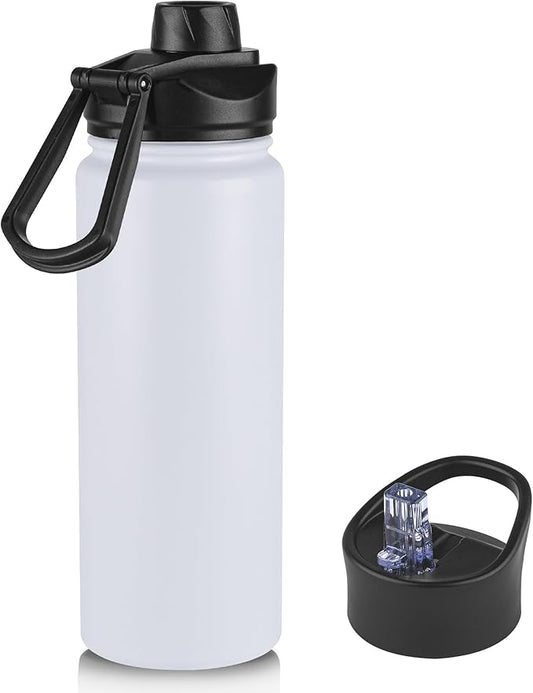 24oz Insulated Water Bottle with Straw Lid, Stainless Steel Metal Water Bottle with Straw & Wide Mouth Lid, Double Wall Vacuum Water Bottle for Hiking Camping, White 1 Pack