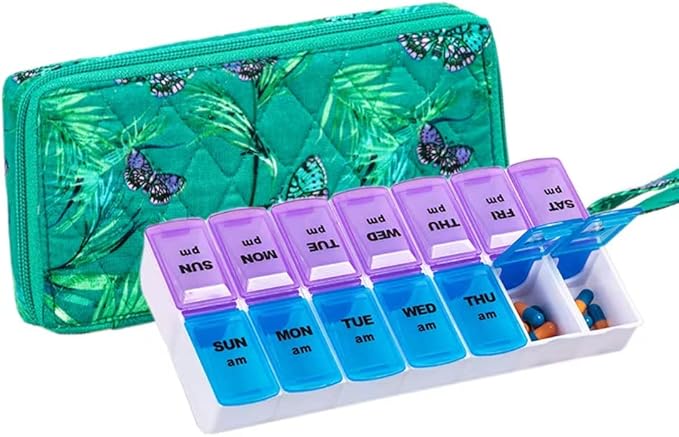 Weekly 7 Day Pill Organizer Case 2 Times a Day (AM/PM), Large Portable Pill Box 7 Day for Vitamin Medicine, Pill Case with Quilted Fabric Zipper Cute Bag for Travel or Daily
