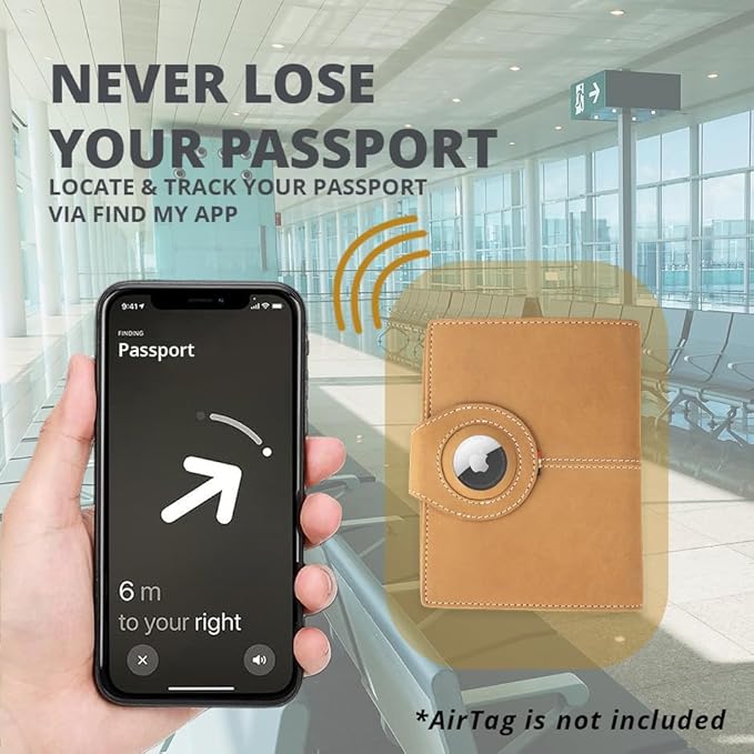 GARZINI Passport Holder with AirTag, Passport Wallet with RFID, Travel Accessories, Travel Document Holder with ID Window, Leather Passport Holder for 7 Cards, Camel Brown