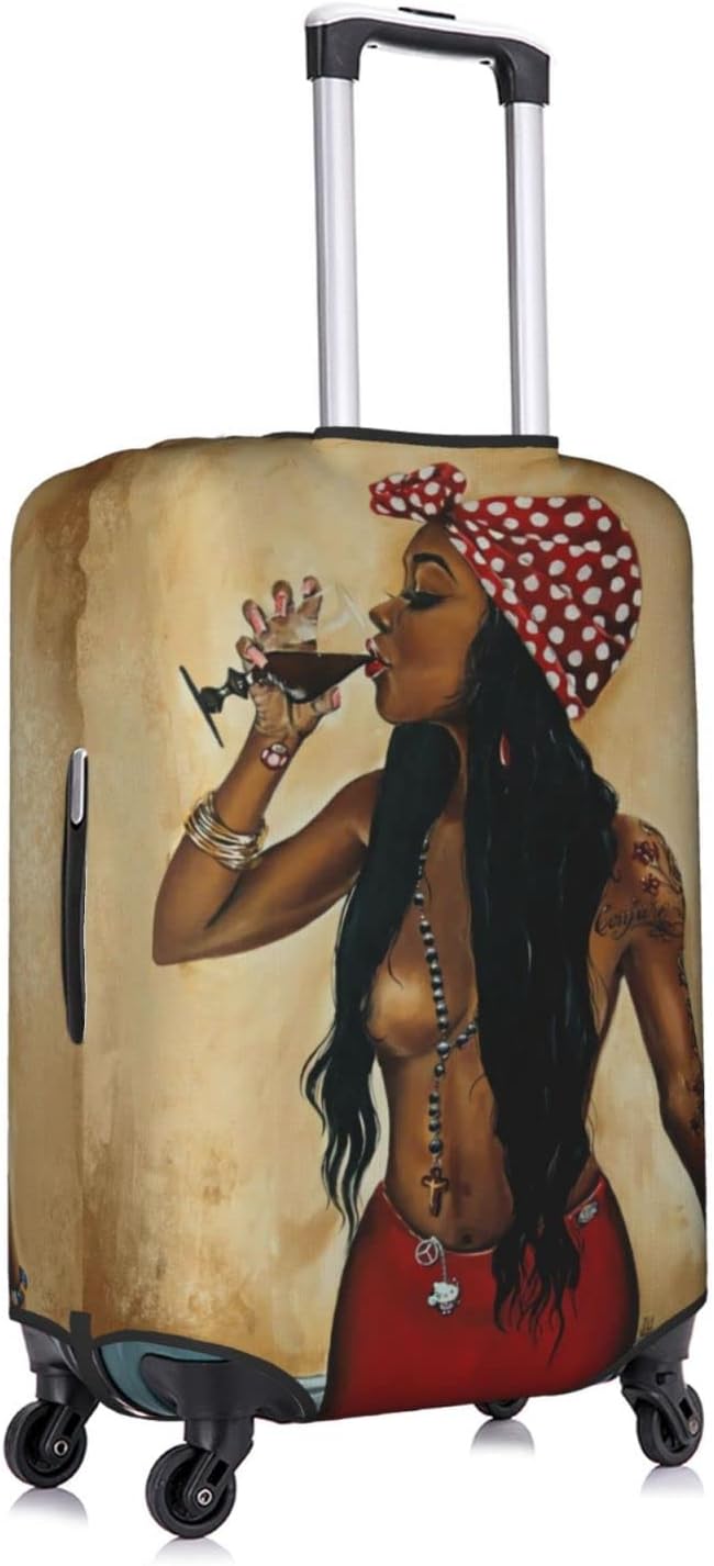 Luggage Cover Protector, Anti-scratch Suitcase Cover, Medium, Black, African American Girl Theme, Water Resistant, Easy Access Handles, 22-24 inch
