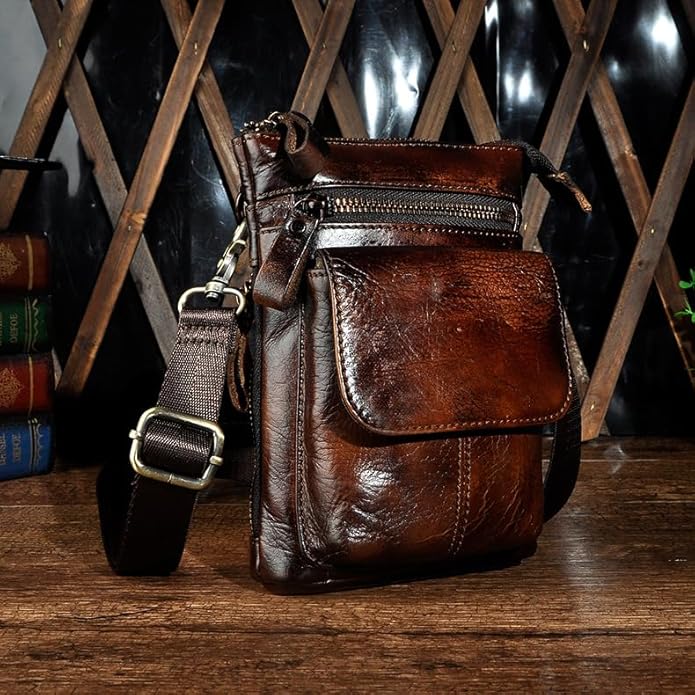 Versatile Cowhide Small Messenger Bag for Men Genuine Leather Waist Pack for Daily Use and Outdoor Activities