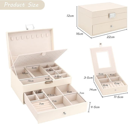 DesignSter Jewelry Organizer Box, 2 Layers Large Jewelry Box with Travel Jewelry Case, Leather Jewelry Storage Case for Rings Earrings Bracelets Necklaces (Beige)