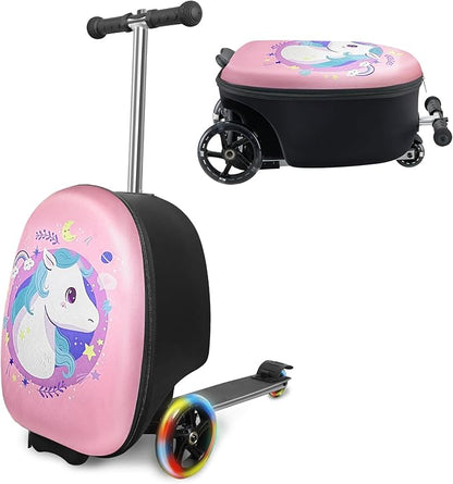 2-in-1 Kids Scooter Suitcase, 19in Large Capacity Ride-On Luggage with LED Light Wheels, Lightweight Carry-On for Fun and Travel, Durable and Cute Patterns Design for Children(pink)