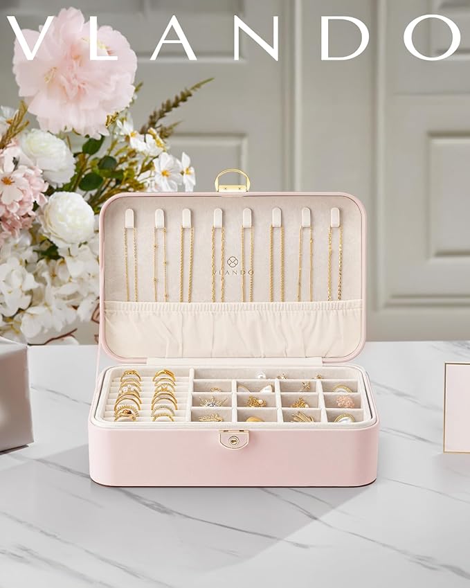 Vlando Jewelry Box Organizer for Women Girls, 2 Layer Jewelry Case with Lock,Jewelry Storage Earrings Necklace,Rings,Gift Box Packaging,Wedding Birthday Gifts-Pink