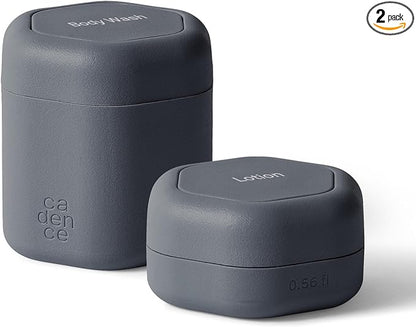 Cadence Travel Containers - 2 Piece Body Care Capsule Set - Magnetic Containers w/Lids - Carry On Travel Essentials for Women/Men - 1 Small & 1 Medium Capsule - Body Wash & Lotion Labels - Charcoal