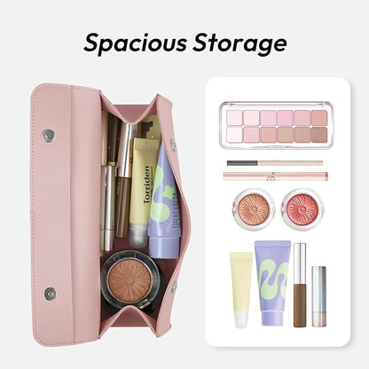 carrotez Stylish PU Leather Makeup Bag: Versatile Travel Toiletry Bag & Cosmetic Pouch, Small Makeup Organizer for Purse Essentials - Ideal Makeup Brush Holder & Sunglasses Case for Women - Pink