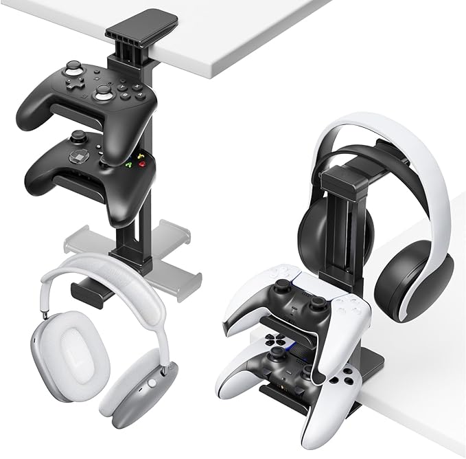 Controller Holder & Headphone Stand Under Desk with Adjustable Clamp, Controller Stand&Headset hanger for Desk Mount with 360° Rotating Hook & Cable Organizer, 3-in-1 Gaming Accessories Organizer