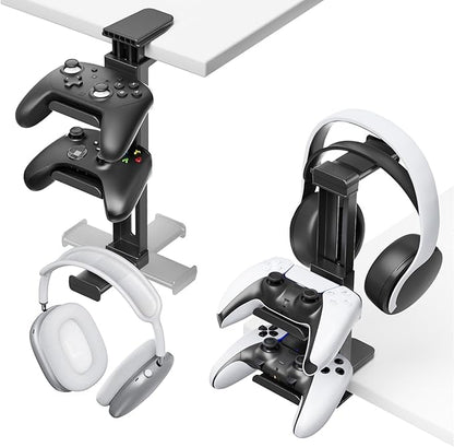 Controller Holder & Headphone Stand Under Desk with Adjustable Clamp, Controller Stand&Headset hanger for Desk Mount with 360° Rotating Hook & Cable Organizer, 3-in-1 Gaming Accessories Organizer