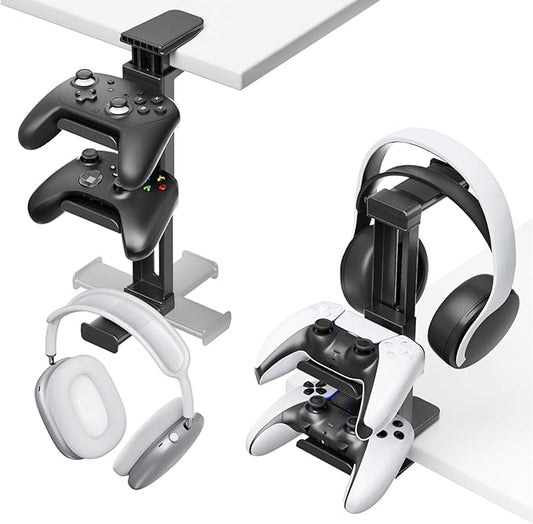 Controller Holder & Headphone Stand Under Desk with Adjustable Clamp, Controller Stand&Headset hanger for Desk Mount with 360° Rotating Hook & Cable Organizer, 3-in-1 Gaming Accessories Organizer