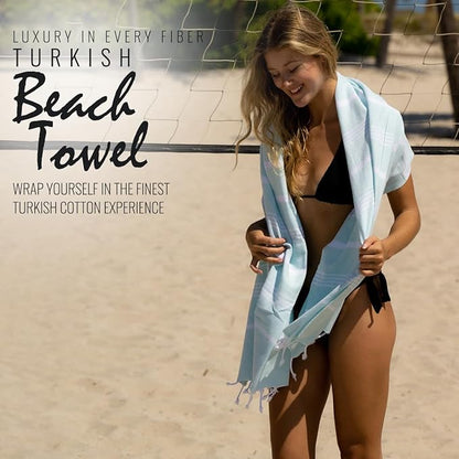 Beach Towel 100% Cotton Turkish Beach Towel Adult 38x70 Inch Pre-washed Absorbent Extra Large|Sand Free Quick Dry BathTowels|Lightweight Blanket|Travel Cruise Camping Spa Gym Sports Towel|Fair Aqua