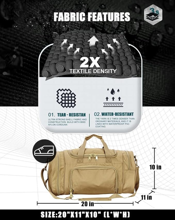 Gym Bag Duffle Bags for Men Women with Shoes Compartment Sport Weekend Travel Overnight Carry On Bag for Tactical Military Travel Work Out Bags (Tan)