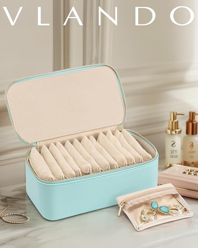 Vlando Travel Jewelry Organizer with 12 Velvet Jewelry Bags Travel Jewelry Case for Girls Jewelry Storage Necklace Rings Earrings Bags Gifts for Women Daughter Friends(Lake Blue)