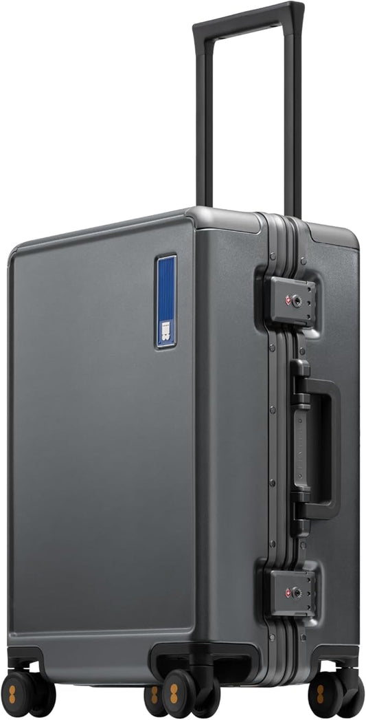 LEVEL8 Zipperless Carry On Luggage Airline Approved with Aluminum Frame, Hard Shell Suitcase with Spinner Wheels, Metal Checked Luggage with Double Tsa Locks, 20 Inch, Grey