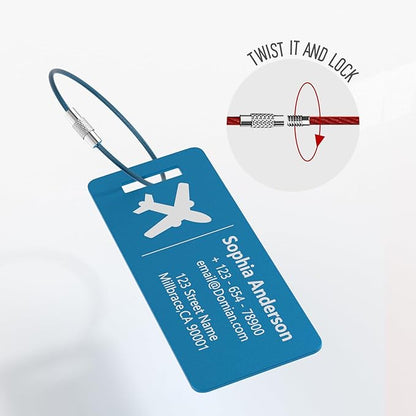 4 Personalized Metal Luggage Tags, Laser Engrave Name and Logo, Custom Aluminum Suitcase Tags with Steel Ring, for Travel, Backpack, Baggage (Blue)