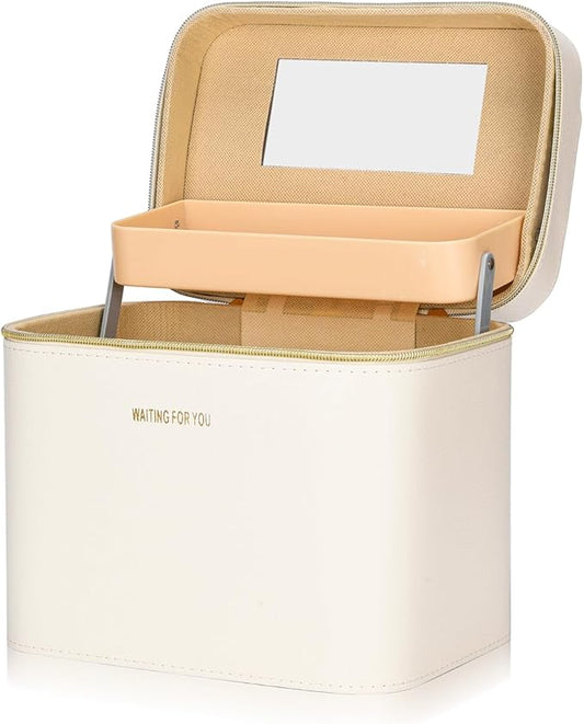 Luxury makeup box, Portable leather hard cosmetic case with mirror, cosmetic case organizer,Professional train case for women adults. (White)