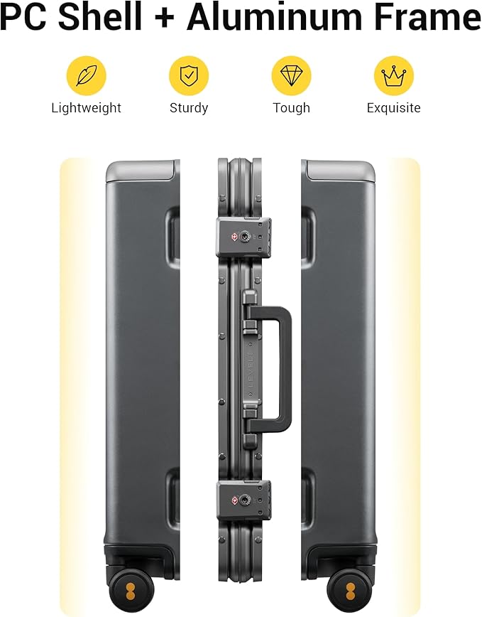 LEVEL8 Zipperless Carry On Luggage Airline Approved with Aluminum Frame, Hard Shell Suitcase with Spinner Wheels, Metal Checked Luggage with Double Tsa Locks, 20 Inch, Grey