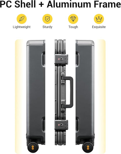 LEVEL8 Zipperless Carry On Luggage Airline Approved with Aluminum Frame, Hard Shell Suitcase with Spinner Wheels, Metal Checked Luggage with Double Tsa Locks, 20 Inch, Grey