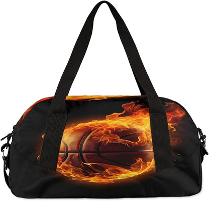 Kids Duffel Bag for Boys Girls Teens, Fire Basketball Waterproof Gym Sports Duffle Bags Dance Travel Overnight Weekender Bag for School Practice
