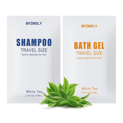 50 Sets Travel Size Toiletry Sets, Shampoo & Body Wash (0.35oz Each, 2-in-1 Toiletries Kit, White Tea Scent) – Individually Wrapped Hotel Amenity Packs for Guests, Airbnb, Vacation Rentals