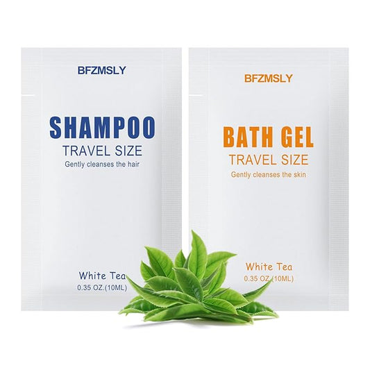 50 Sets Travel Size Toiletry Sets, Shampoo & Body Wash (0.35oz Each, 2-in-1 Toiletries Kit, White Tea Scent) – Individually Wrapped Hotel Amenity Packs for Guests, Airbnb, Vacation Rentals