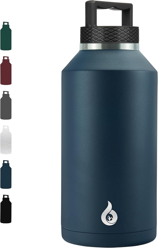 BJPKPK Half Gallon Water Bottle Insulated, Dishwasher Safe 64 oz Water Bottle with Handle, Leakproof BPA Free Thermal Flasks, Large Stainless Steel Jug for Sports, Navy Blue