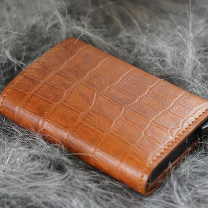 Jenoss Smart Wallet For Men: Full Grain Leather, Handcrafted, Slide Metal Pop Up Case, Slim RFID Blocking Credit Card Holder, Minimalist, Compact - 6-8 Cards Organizers, Front Pocket (Light Brown)