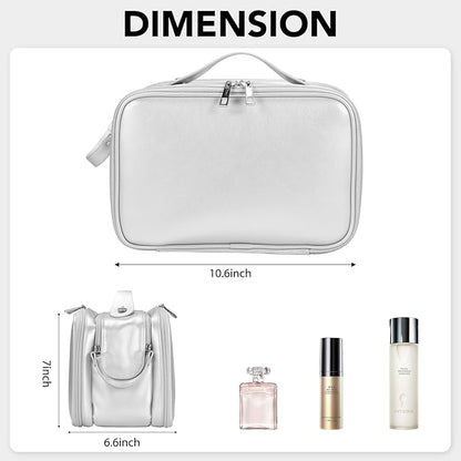 Travel Makeup Bag Women's Large Capacity Cosmetic Portable Organizer Large Opening Waterproof Storage Toiletry Bags Vertical Free-Standing Brush Holder for Easy Access Silver