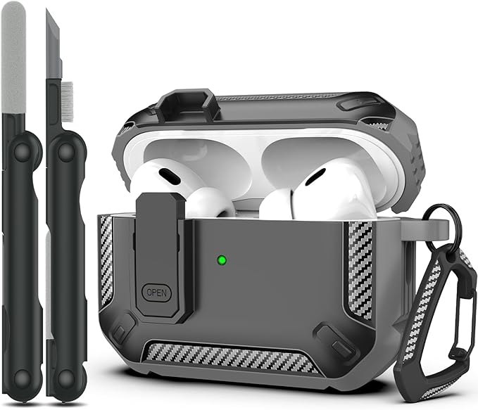 RFUNGUANGO for AirPods Pro 2nd Generation Case Cover with Cleaner Kit, Military Hard Shell Protective Armor with Lock for AirPod Gen 2 Charging Case 2023,2022, Front LED Visible,Grey