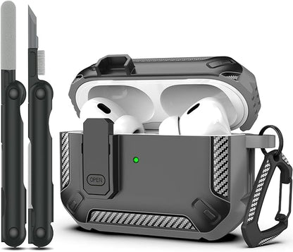 RFUNGUANGO for AirPods Pro 2nd Generation Case Cover with Cleaner Kit, Military Hard Shell Protective Armor with Lock for AirPod Gen 2 Charging Case 2023,2022, Front LED Visible,Grey