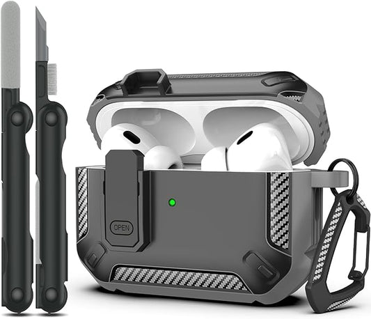 RFUNGUANGO for AirPods Pro 2nd Generation Case Cover with Cleaner Kit, Military Hard Shell Protective Armor with Lock for AirPod Gen 2 Charging Case 2023,2022, Front LED Visible,Grey