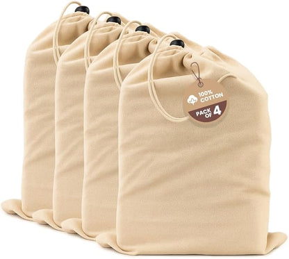 LFH Cotton Shoe Storage Bags with Drawstring, Dustproof Breathable Reusable Organizer, Perfect For Travel, Dorm, Hotel, College, Gym, Easy to Carry, Machine Washable 12"x17" (Pack of 4) - Natural