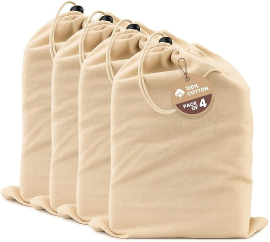 LFH Cotton Shoe Storage Bags with Drawstring, Dustproof Breathable Reusable Organizer, Perfect For Travel, Dorm, Hotel, College, Gym, Easy to Carry, Machine Washable 8"x17" (Pack of 4) - Natural