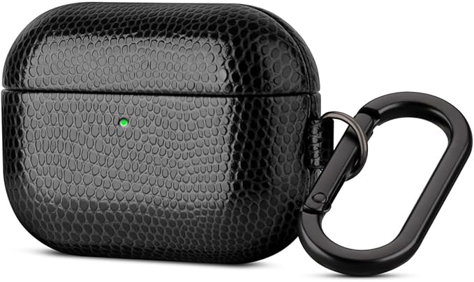 Handmade Case - for AirPods Pro 3 Case Cover with Carabiner - Selected Vegan Leather, Lizard Skin Texture, Drop Protection Hard Shell Cover for AirPods Pro 3rd Generation Earbuds - Black