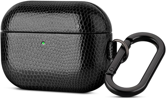 Handmade Case - for AirPods Pro 3 Case Cover with Carabiner - Selected Vegan Leather, Lizard Skin Texture, Drop Protection Hard Shell Cover for AirPods Pro 3rd Generation Earbuds - Black