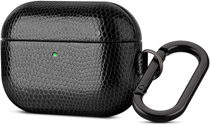 Handmade Case - for AirPods Pro 2 Case Cover with Carabiner - Selected Vegan Leather, Lizard Skin Texture, Drop Protection Hard Shell Cover for AirPods Pro 2nd Generation Earbuds - Black