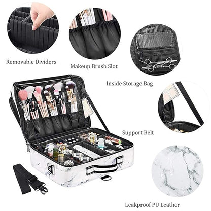 gzcz Large Capacity Travel Makeup Case Organizer,Professional Cosmetic Bags for Women,Waterproof PU Leather Makeup Bag with Adjustable Dividers and Shoulder Strap for Brushes and Jewelry