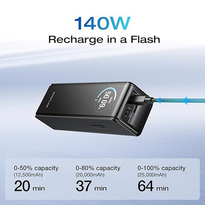 EF ECOFLOW Rapid Power Bank 25,000mAh, 170W Portable Charger with Dual 140W USB-C Ports for Multi-Device Charging, Smart TFT Screen, Compatible with iPhone 17/16/15/14, Samsung, Laptop (Black)