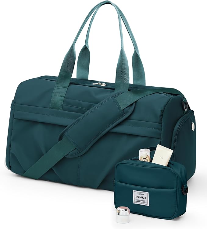 Gym Bag for Women Men, Sport Duffel Bag with Toiletry Bag & Shoe Compartment,Waterproof Travel Weekender Overnight Carry on Bag for Yoga with Trolley Sleeve, Peacock Blue Set