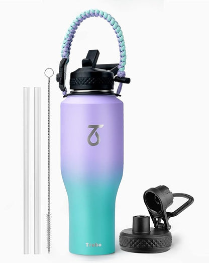 Trebo 40oz Insulated Water Bottle that Fits in Cup Holder, Stainless Steel Double Wall Tumbler Bottles with Paracord Handle, Flask with Straw Spout Lids, Keep Cold for 48 Hrs/Hot 24 Hrs,Cotton Candy